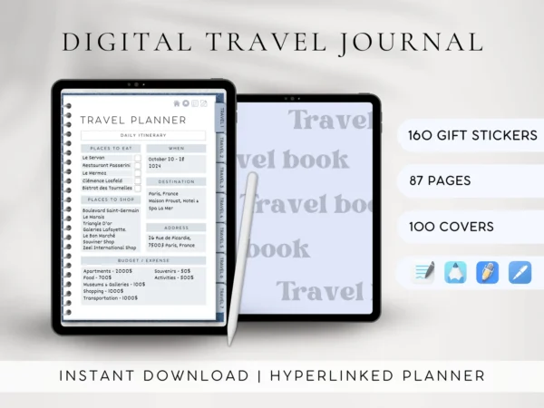 Digital iPad Travel Planner 2024 | Travel Checklist Template | Itinerary Tracker for GoodNotes | Packing List | Hyperlinked Travel Journal