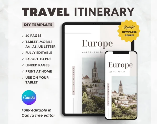 Travel Itinerary Digital | Printable Template | Editable in Canva | Europe Trip Planner | Tour eBook and Mobile Organizer | DIY Vacation Plan